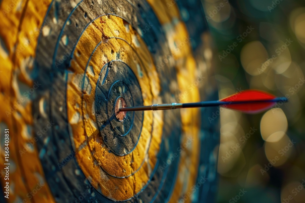 Poster arrow precisely strikes the bullseye on a colorful target