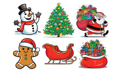 Fototapeta premium Christmas Bundle, Snowman, Gifts, Sleigh, Tree ,Gingerbread.
