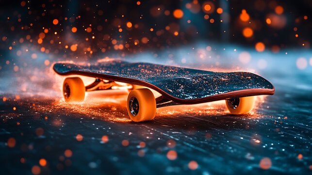 Glowing skateboard with orange sparks. - Powered by Adobe