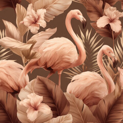 Tropical Seamless Pattern Featuring Flamingos and Lush Leaves
