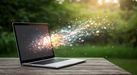 Laptop Emitting AI Data: Technology, Innovation, Nature's Harmony.