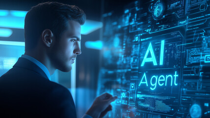 Businessman analyzing an abstract futuristic dashboard with the words AI Agent on a transparent digital screen, surrounded by blue holographic elements