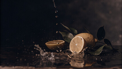 Fresh lemons with green leaves showcase vibrant citrus fruit and refreshing splash against dark moody background.