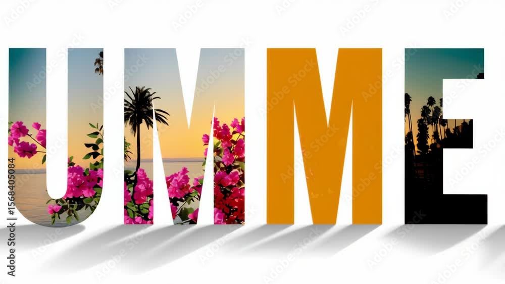 Poster the word summer is written in a creative way, with each letter made up of different shapes and color