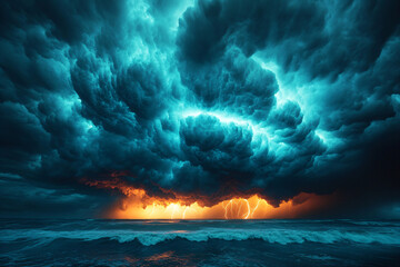 Fototapeta premium Stormy sea landscape with lightning strikes and dark clouds