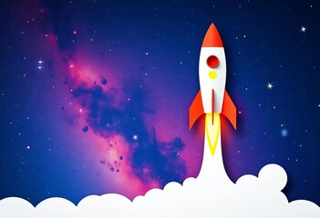 Paper cut rocket launch, colorful galaxy backdrop, starry night, white trail,  spaceship,  graphic