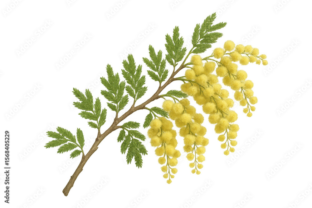 Poster delicate mimosa sprig displaying soft yellow blooms and verdant foliage, rendered with precision aga