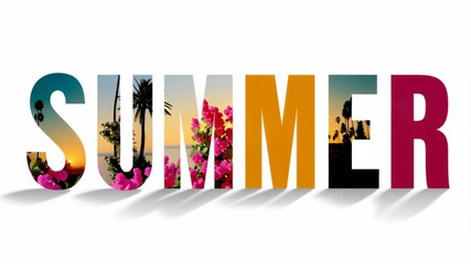 The word summer is written in a creative way, with each letter made up of different images. Scene is bright and cheerful, with the tropical scenery and the colorful letters - Powered by Adobe