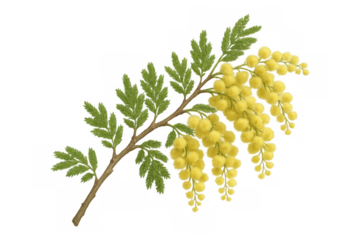 Delicate mimosa sprig displaying soft yellow blooms and verdant foliage, rendered with precision against transparent backdrop
