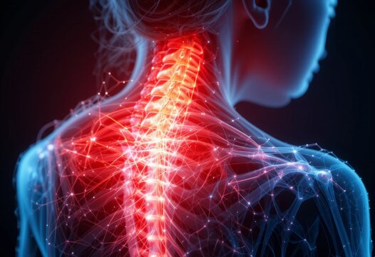 woman having muscle painful pain syndrome shoulder and neck pain. rheumatism, fibromyalgia , cervical spine. scapular pain. highlighting the skeletal structure