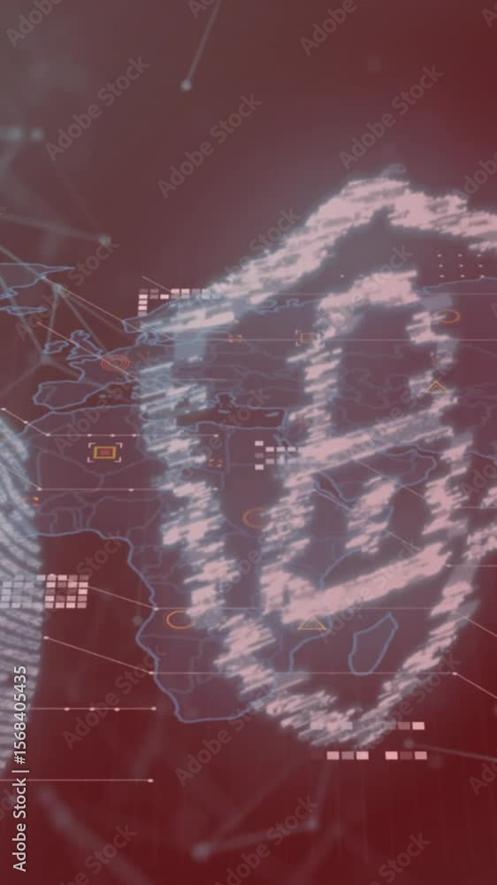 Aufkleber animation of security padlock and biometric fingerprint scanner over world map and data processing