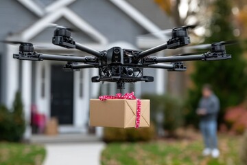 Drone delivers gift package to home with a festive bow during autumn afternoon