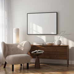 Naklejka na ściany i meble Frame mockup, ISO A paper size. Living room wall poster mockup. Interior mockup with house background. Modern interior design. 3D render 