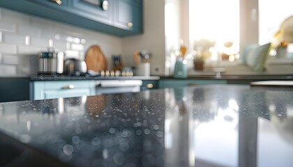 Blurred modern kitchen interior and desk space and outstanding furniture