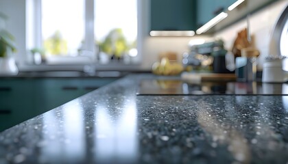 Blurred modern kitchen interior and desk space and outstanding furniture