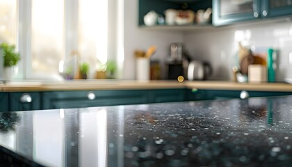 Blurred modern kitchen interior and desk space and outstanding furniture