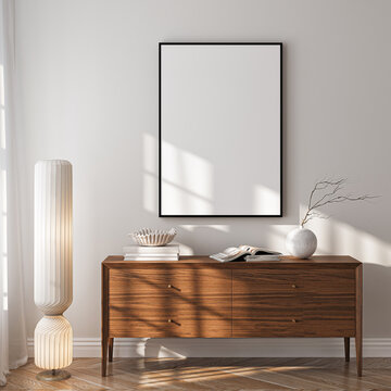 Frame mockup, ISO A paper size. Living room wall poster mockup. Interior mockup with house background. Modern interior design. 3D render
