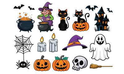 Fototapeta premium Halloween Witch Cat Pumpkins Ghost Skull bundle.