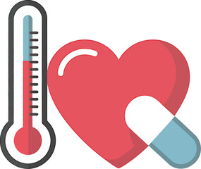 A thermometer heart and pill illustration on a white background in simple style