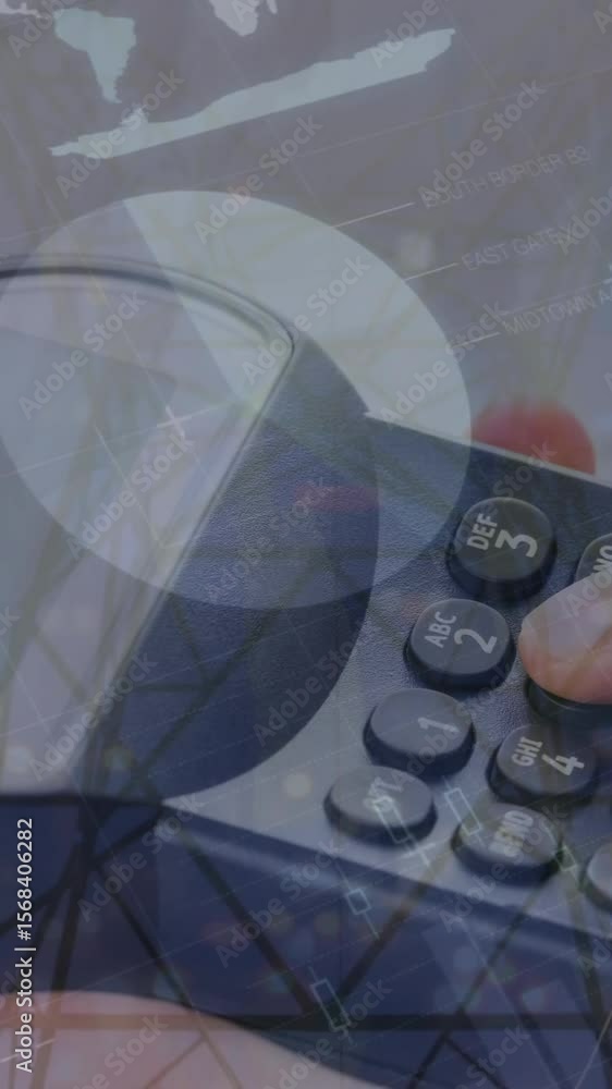 Poster animation of financial data processing over woman using payment terminal
