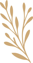 A minimalistic illustration of a golden-brown botanical branch with elongated leaves on a white background.