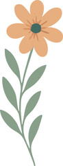 A simple flat illustration of a peach-colored flower with a green center and stem, accompanied by green leaves in a minimalist style.