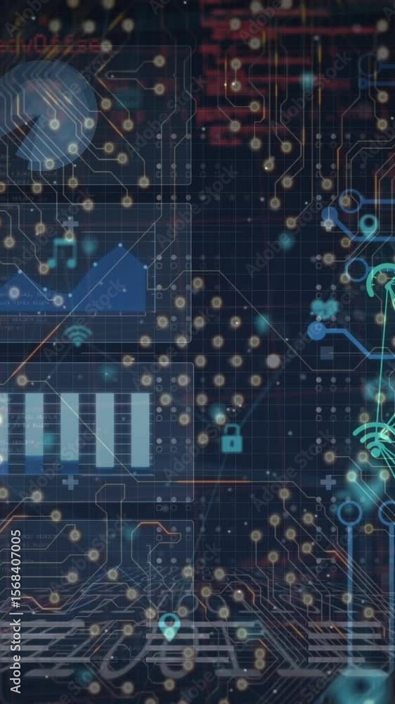 Poster animation of application icons connected with lines over infographic interface in background