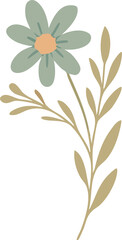 A whimsical flat illustration of a green-petaled flower with a peach center and tan stem, accompanied by delicate leaves and buds.