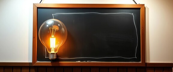 Vintage framed chalkboard with illuminated chalk lightbulb drawing,   invention,  bright