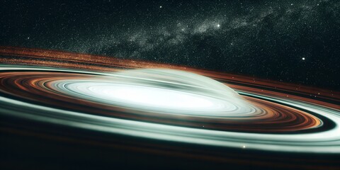 Photo of a swirling accretion disk surrounds a bright white cosmic anomaly in deep space