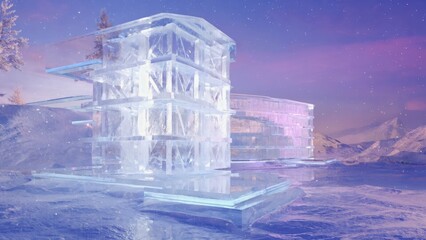 Fototapeta premium Stunning ice hotel amidst snowy landscape at dusk with twinkling stars