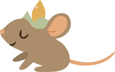 A cute cartoon mouse with closed eyes and a peaceful expression wears a leafy crown topped with a glowing flame.