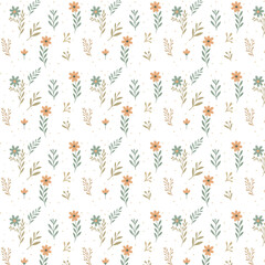 This is a seamless floral pattern featuring whimsical pastel flowers and leafy branches on a black background with scattered yellow dots.