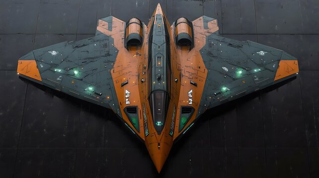Futuristic orange and gray stealth aircraft with glowing lights, designed for combat. Perfect for sci-fi themes and military concepts.