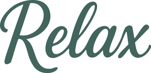 The image displays the word “Relax” in an elegant, flowing cursive font with a calm green color on a transparent background.