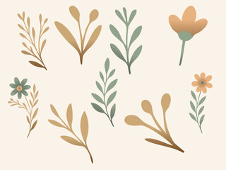 Set with whimsical pastel flowers and leaf branches on a black background with scattered yellow dots.