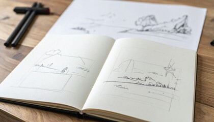 Open Sketchbook with Landscape Drawings on Wooden Table