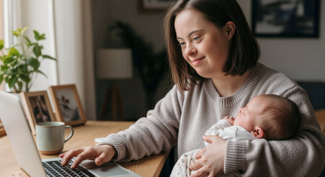 Young smiling single mother with down syndrome working remotely on laptop while holding her sleeping newborn baby, demonstrating work-life balance and the power of inclusivity in modern motherhood