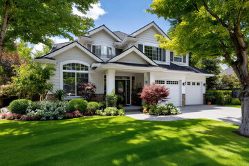Beautiful suburban home with lush lawn and vibrant garden during a sunny day