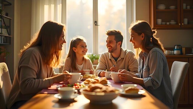 Three people sitting around a table and having a shared meal in a casual indoor setting, communicating and engaging during a peaceful dining moment