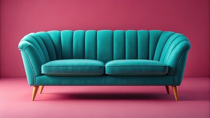 Modern furniture photography: Teal scalloped sofa, high depth of field, beautifully set against a pink background.