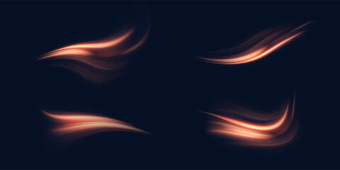 Vector illustration of fiery curved light streams on dark background. Suitable for fantasy energy visuals, magic effects, UI highlights or dynamic sci-fi designs.