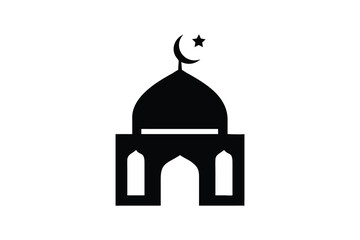 Simple black silhouette of a mosque with a dome and minaret topped with a crescent moon and star against a clean white background representing islamic architecture and religious symbolism
