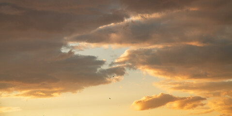 Beautiful bright sunset sky background with clouds.  Evening time.