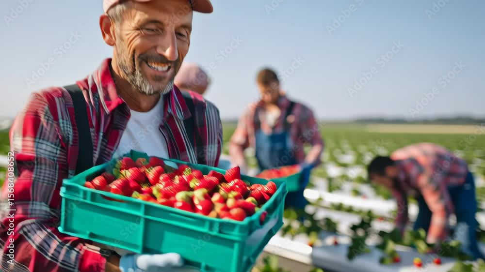 Poster man is smiling while holding a green container full of strawberries. he is surrounded by other peopl