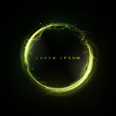 Vector illustration of glowing green circle of energy with glowing lines and particles on dark background. Suitable for fantasy portals, sci-fi interfaces, digital covers or mystical design elements.