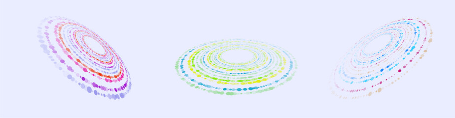 Set of abstract vector ellipses made of colored dots, viewed in perspective on white background. Vector illustration