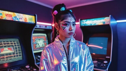 Naklejka premium Asian female teen in futuristic jacket at neon-lit retro arcade