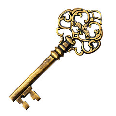 Antique Ornate Gold Skeleton Key:  Vintage, Mysterious, Isolated on Black Background