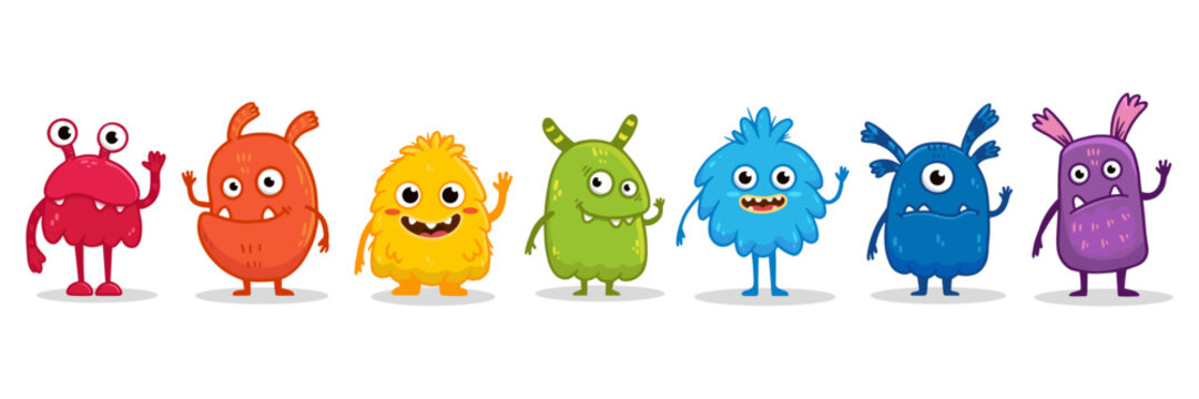 Naklejki set of cartoon monsters. Cute monster in flat style. Kids funny character design for posters, cards, magazins. Rainbow monsters. Vector illustration